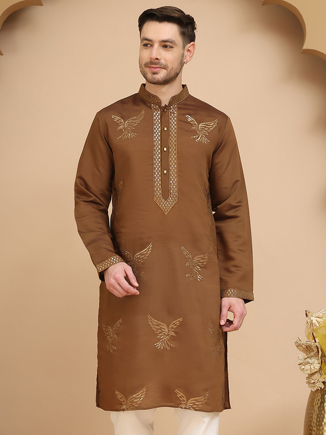 Silk Blend Kurtas with Golden Eagle Embroidery ( KO 5256 Brown )