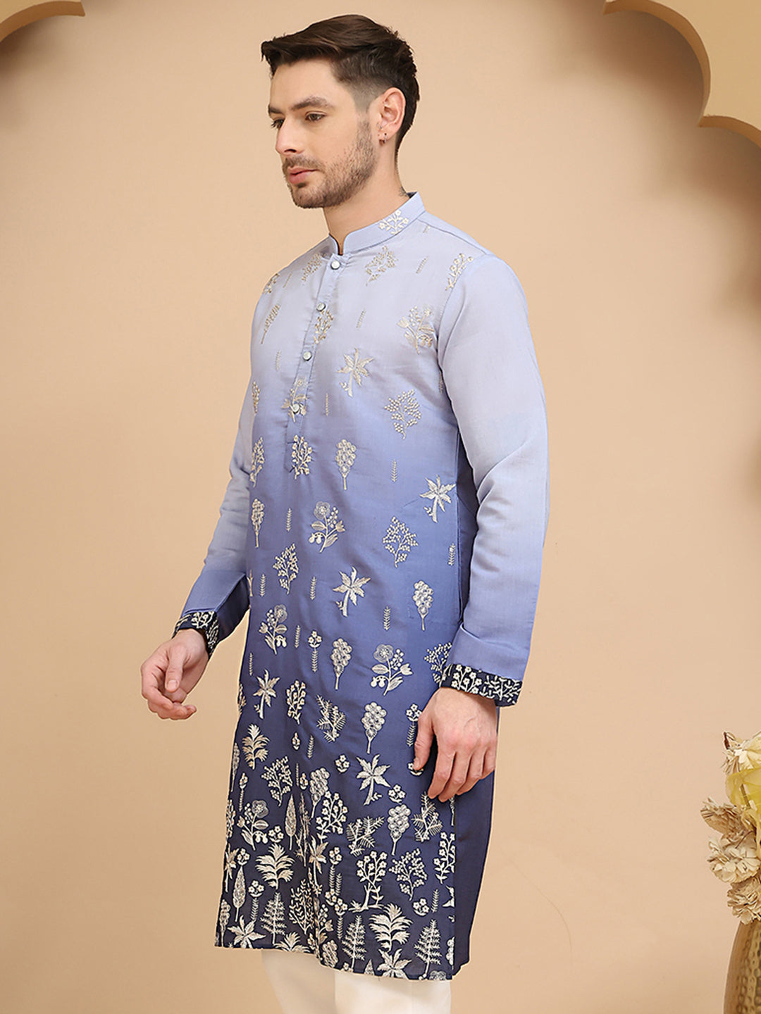 Woven Design Short Kurta for Men ( KO 5257 Blue )