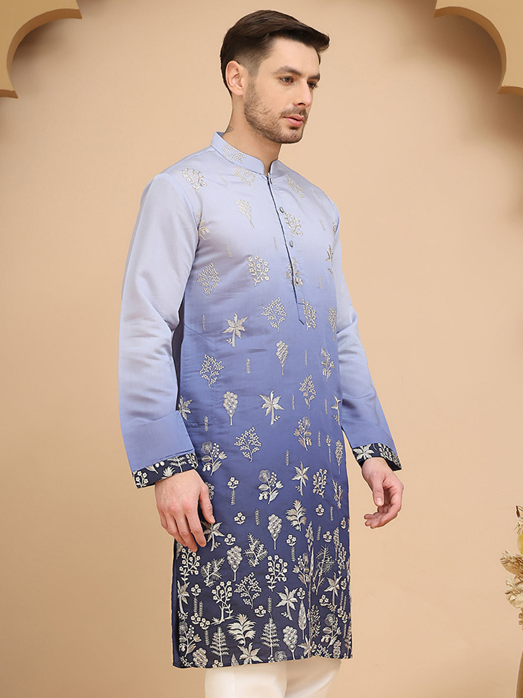 Woven Design Short Kurta for Men ( KO 5257 Blue )