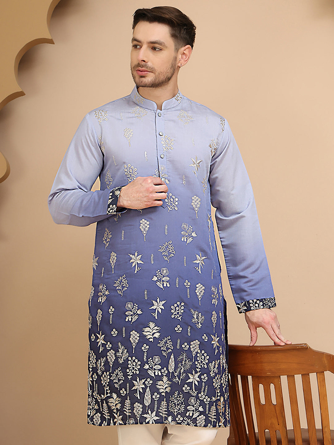 Woven Design Short Kurta for Men ( KO 5257 Blue )