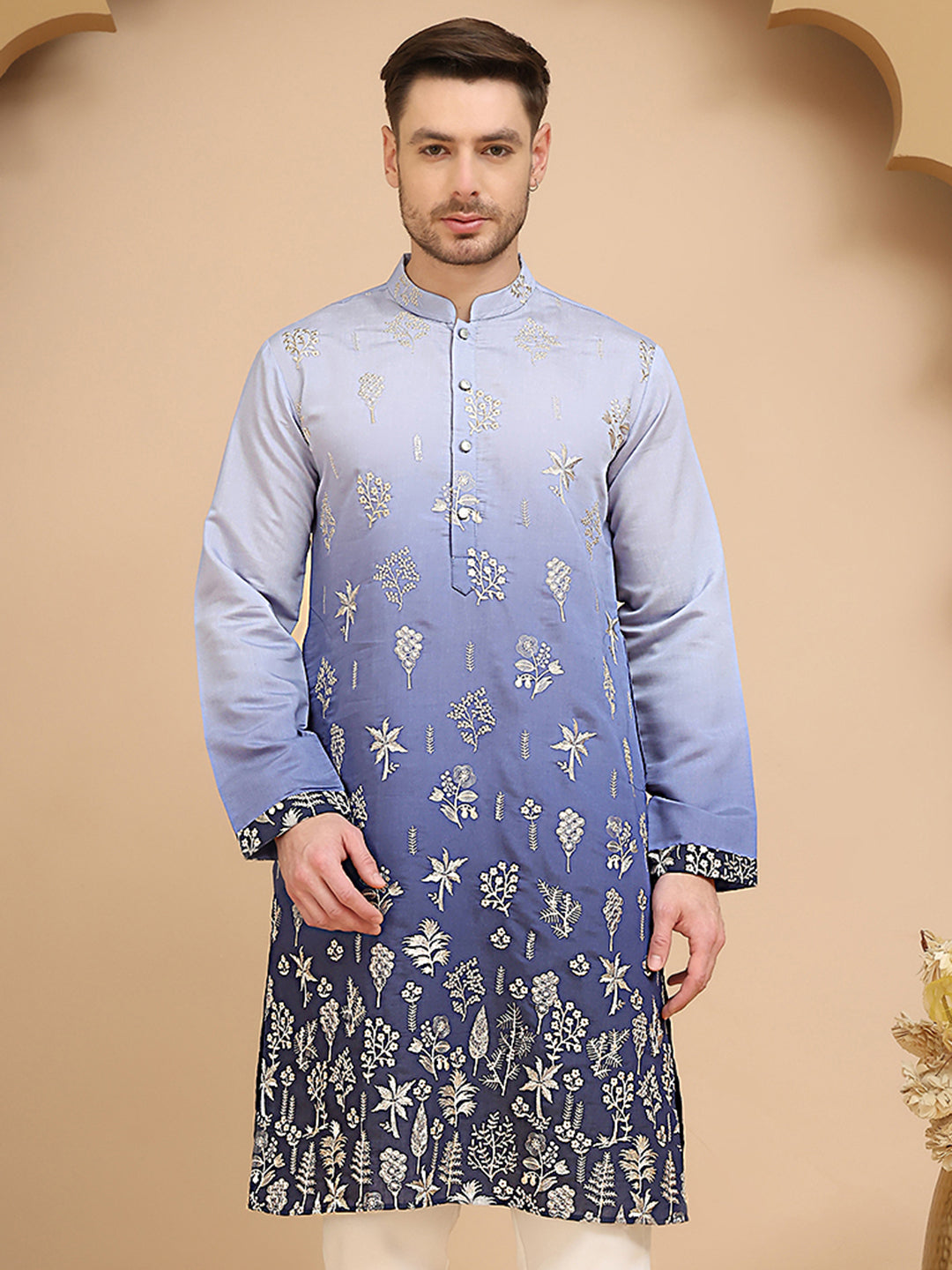 Woven Design Short Kurta for Men ( KO 5257 Blue )