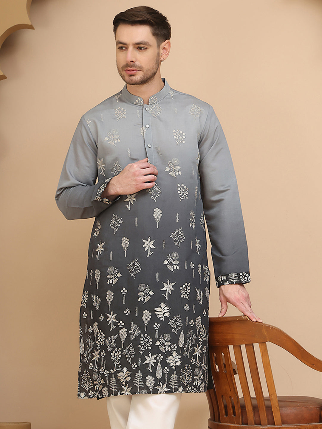 Woven Design Short Kurta for Men ( KO 5257 Grey )