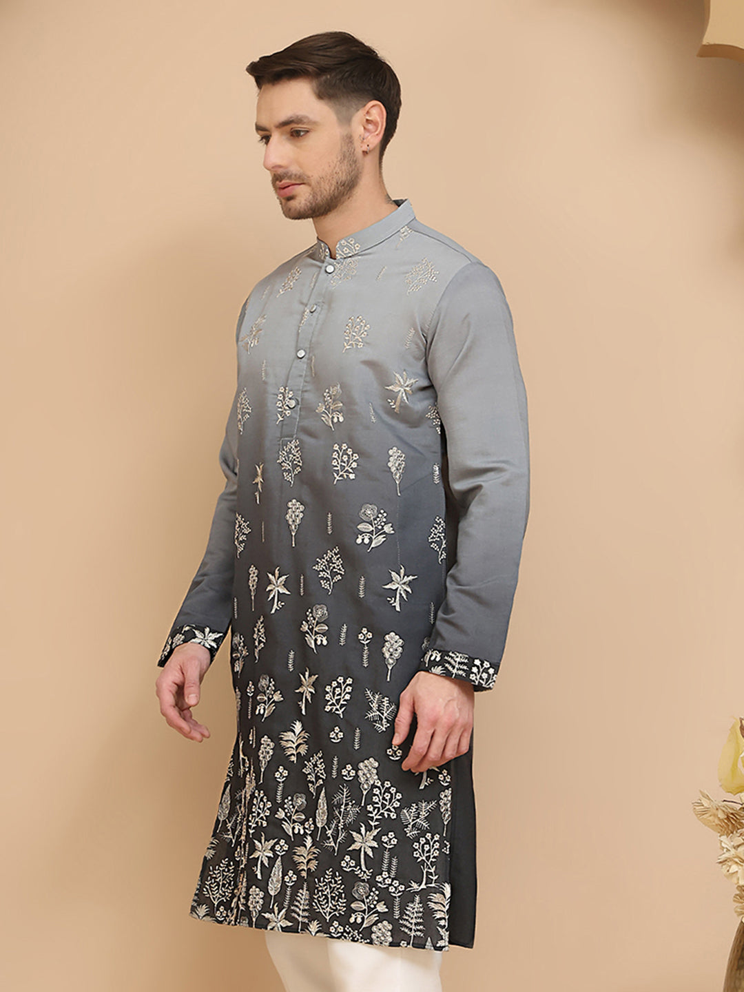 Woven Design Short Kurta for Men ( KO 5257 Grey )