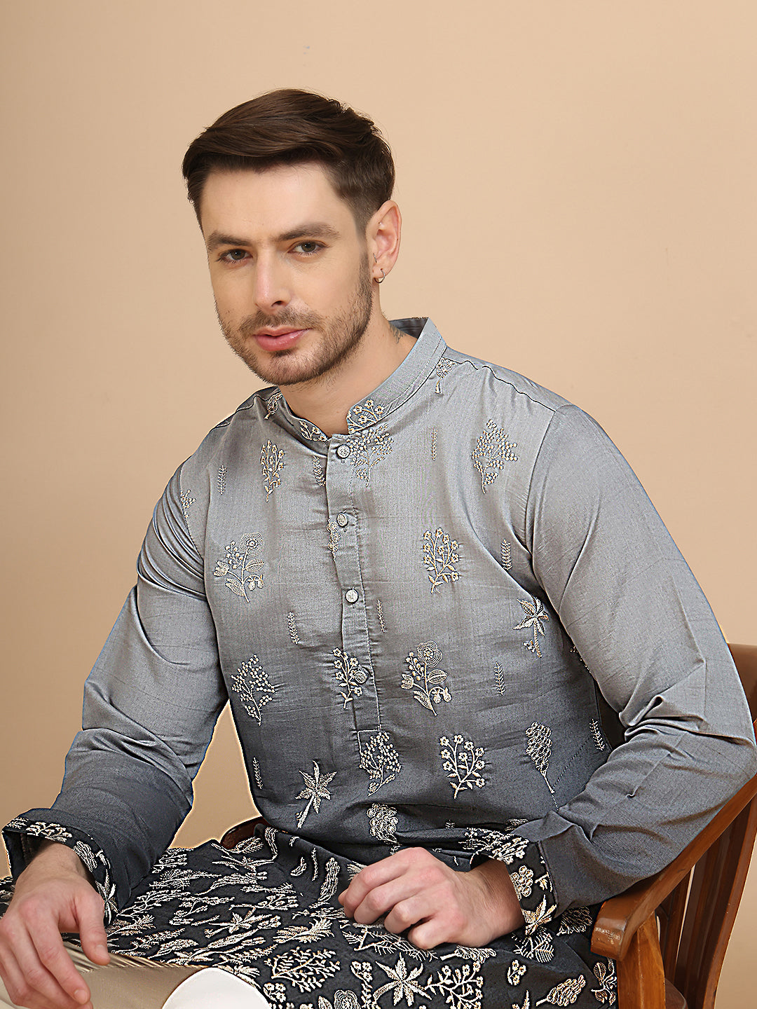 Woven Design Short Kurta for Men ( KO 5257 Grey )
