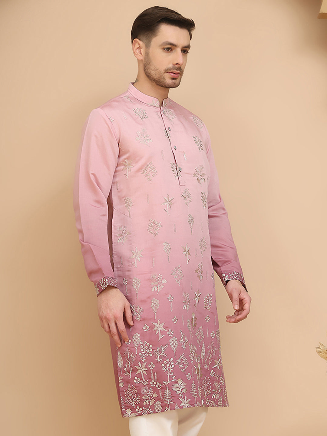 Woven Design Short Kurta for Men ( KO 5257 Pink )