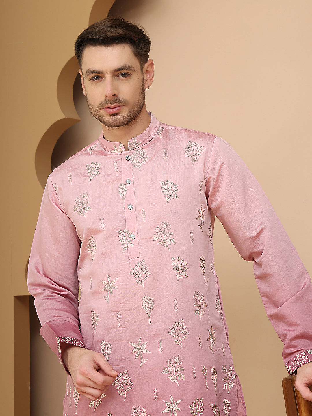 Woven Design Short Kurta for Men ( KO 5257 Pink )