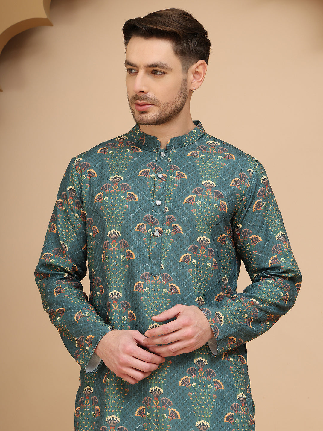 Woven Design Short Kurta for Men ( KO 5259 Green )