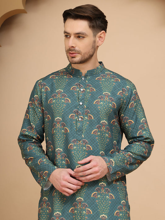 Woven Design Short Kurta for Men ( KO 5259 Green )
