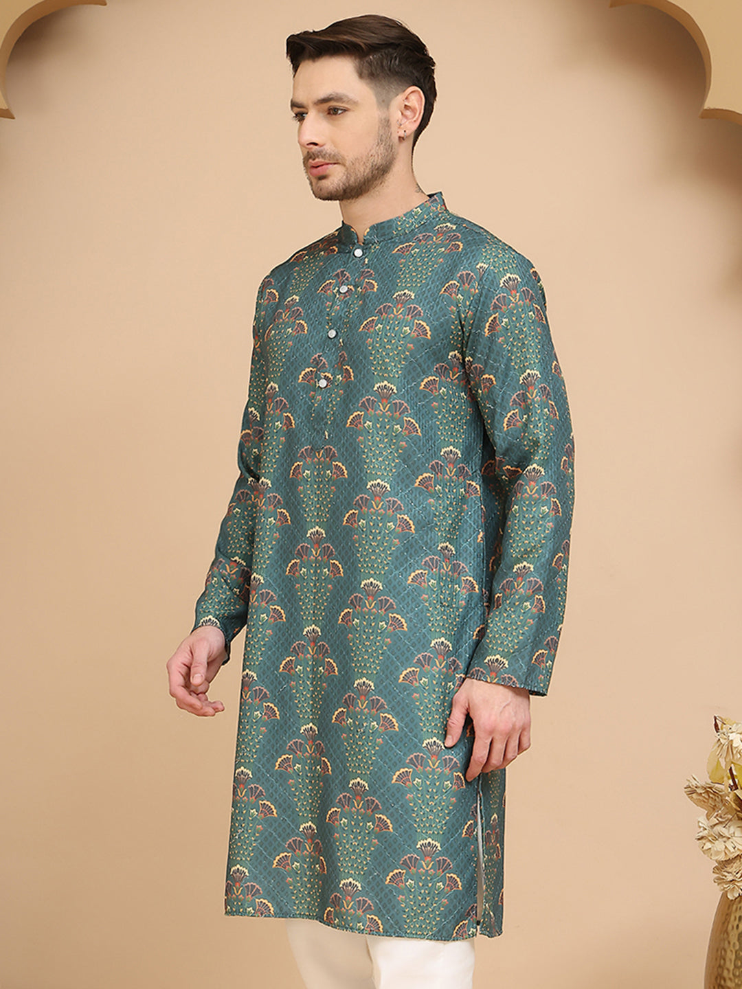 Woven Design Short Kurta for Men ( KO 5259 Green )