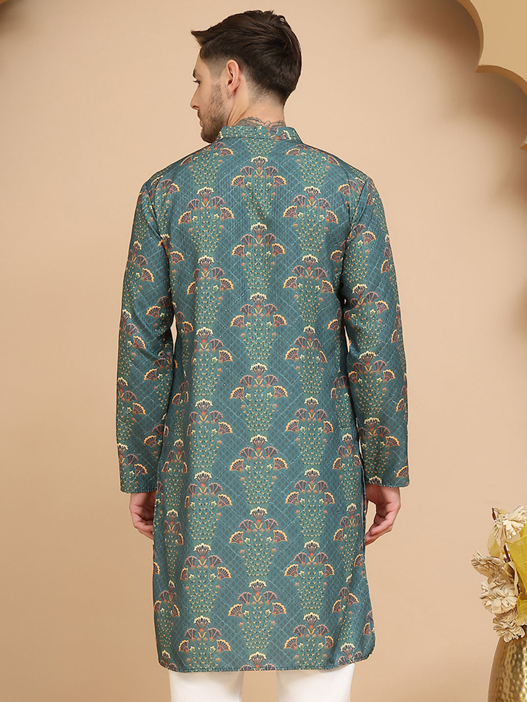 Woven Design Short Kurta for Men ( KO 5259 Green )