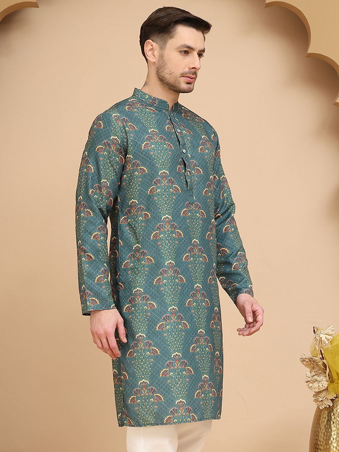 Woven Design Short Kurta for Men ( KO 5259 Green )