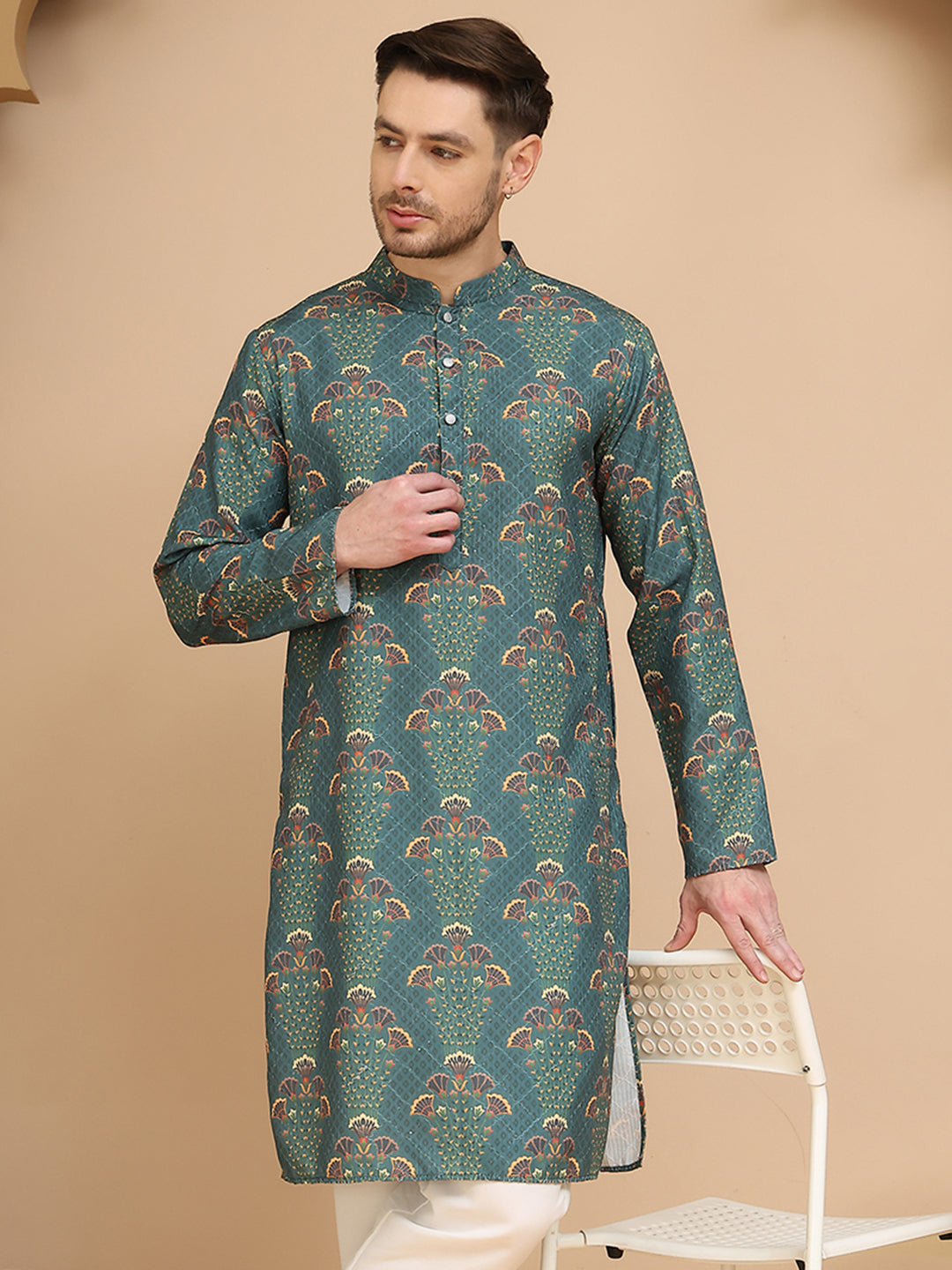 Woven Design Short Kurta for Men ( KO 5259 Green )