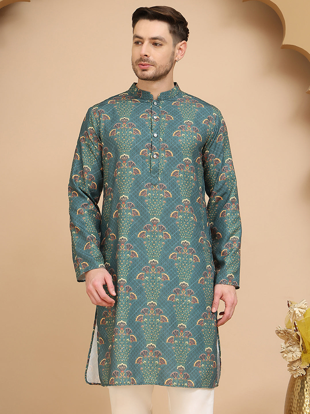 Woven Design Short Kurta for Men ( KO 5259 Green )