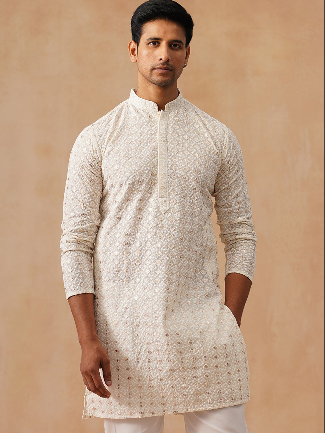 Men’s Ethnic Cotton Embroidered Kurta ( KO 5260 Cream )