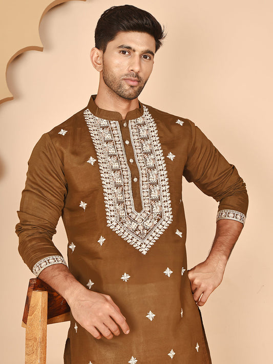 Embroidered Silk Blend Kurtas for Men ( KO 5263 Mehndi ) [FF] [I-1-4]