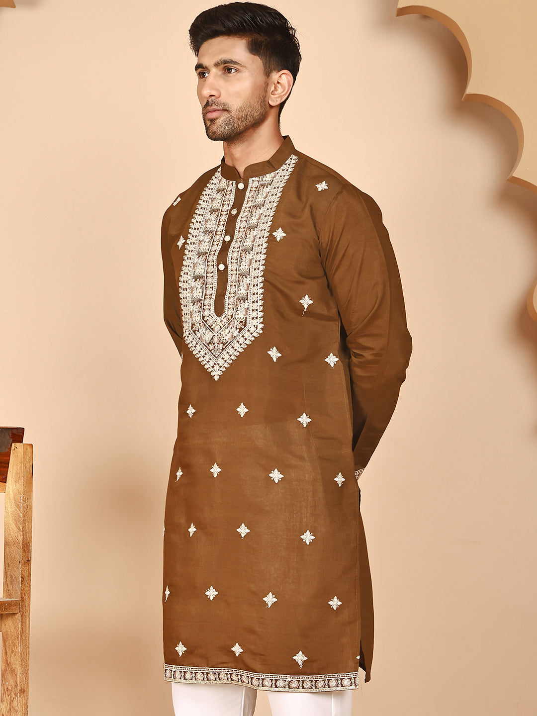 Embroidered Silk Blend Kurtas for Men ( KO 5263 Mehndi ) [FF] [I-1-4]