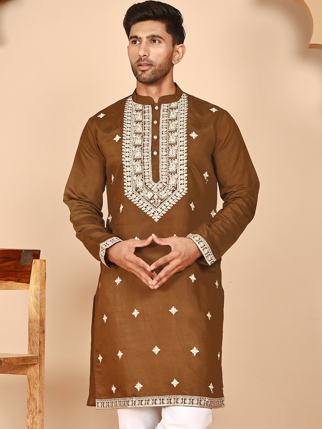 Embroidered Silk Blend Kurtas for Men ( KO 5263 Mehndi ) [FF] [I-1-4]