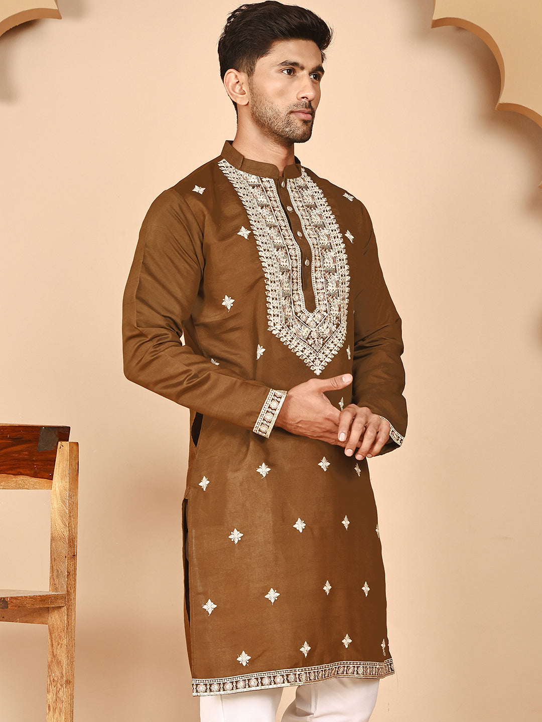 Embroidered Silk Blend Kurtas for Men ( KO 5263 Mehndi ) [FF] [I-1-4]