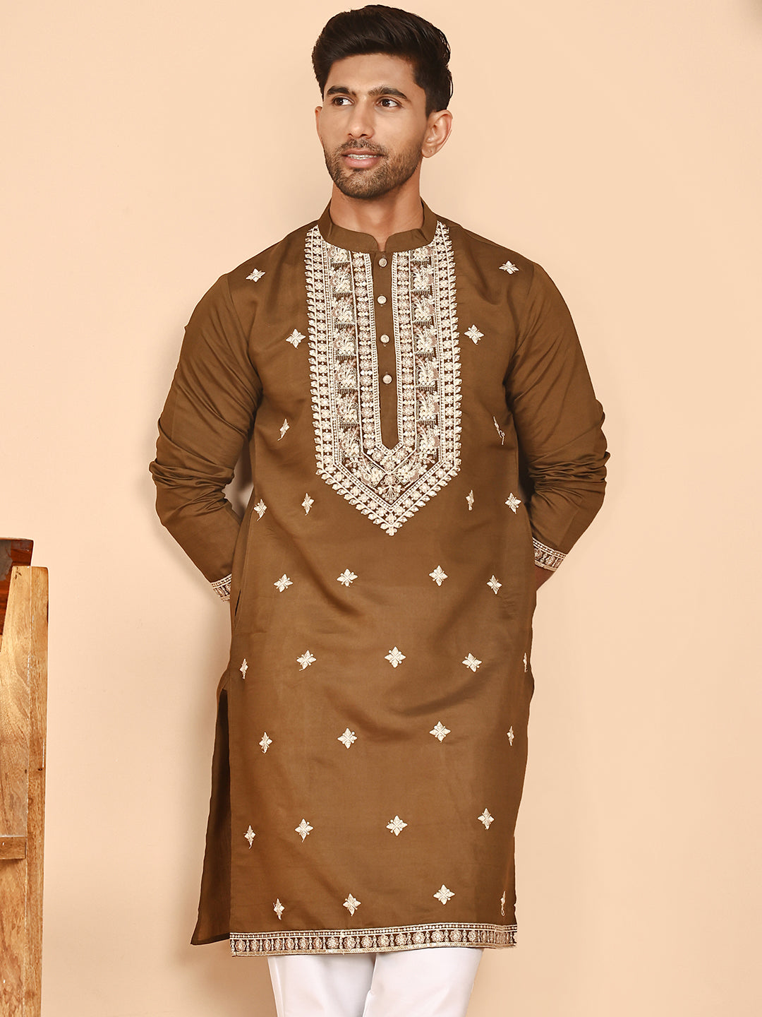 Embroidered Silk Blend Kurtas for Men ( KO 5263 Mehndi ) [FF] [I-1-4]