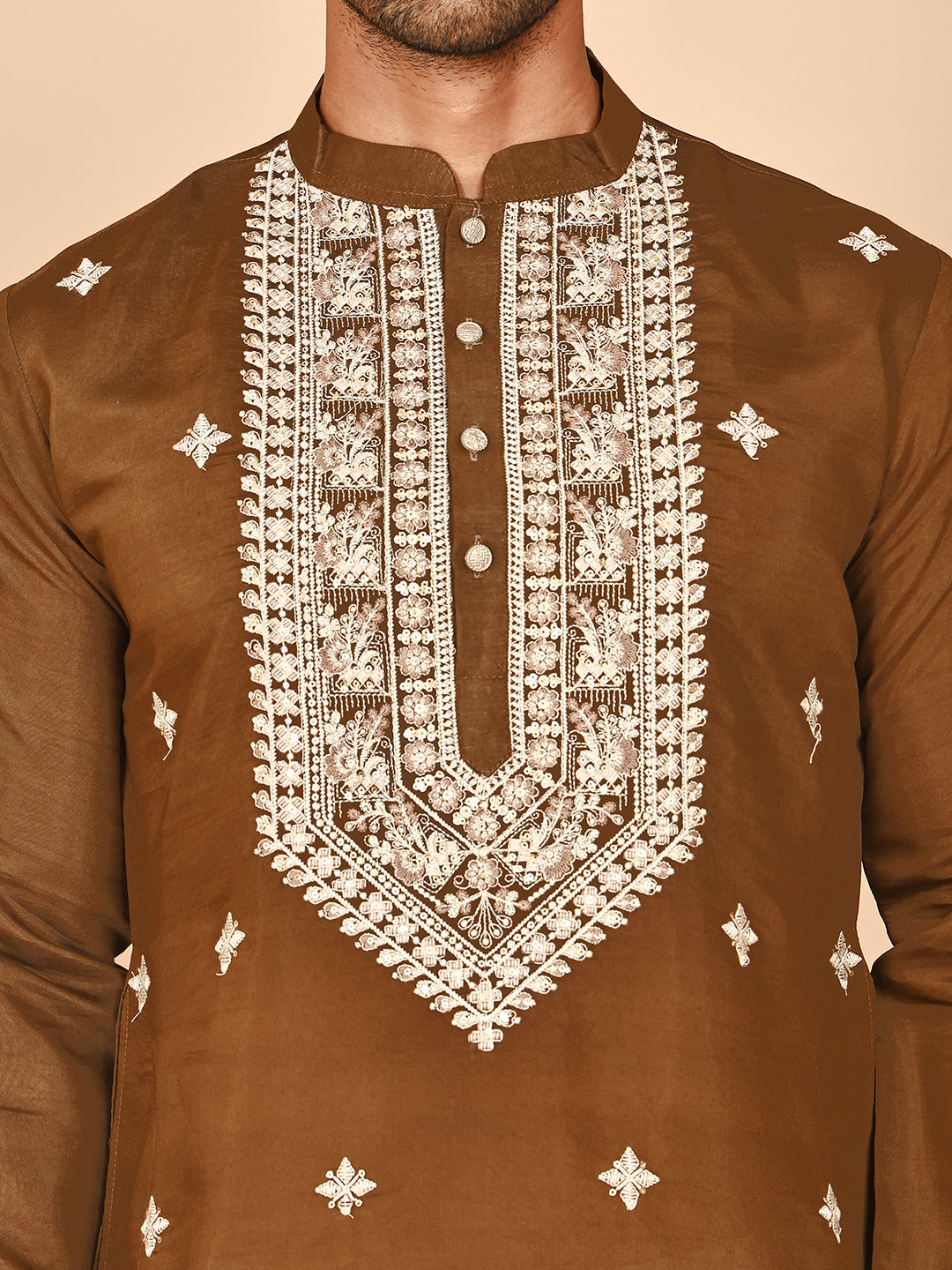 Embroidered Silk Blend Kurtas for Men ( KO 5263 Mehndi ) [FF] [I-1-4]