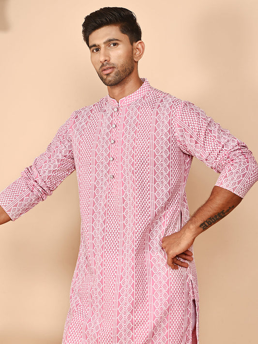 Embroidered Cotton Kurtas (KO 5264 Pink ) [FF] [O-10]
