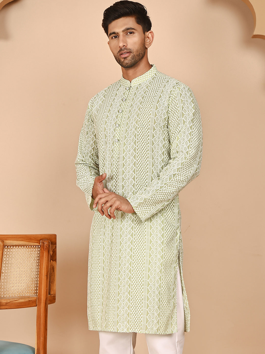 Embroidered Cotton Kurtas ( KO 5264 Pista ) [FF] [O-10]