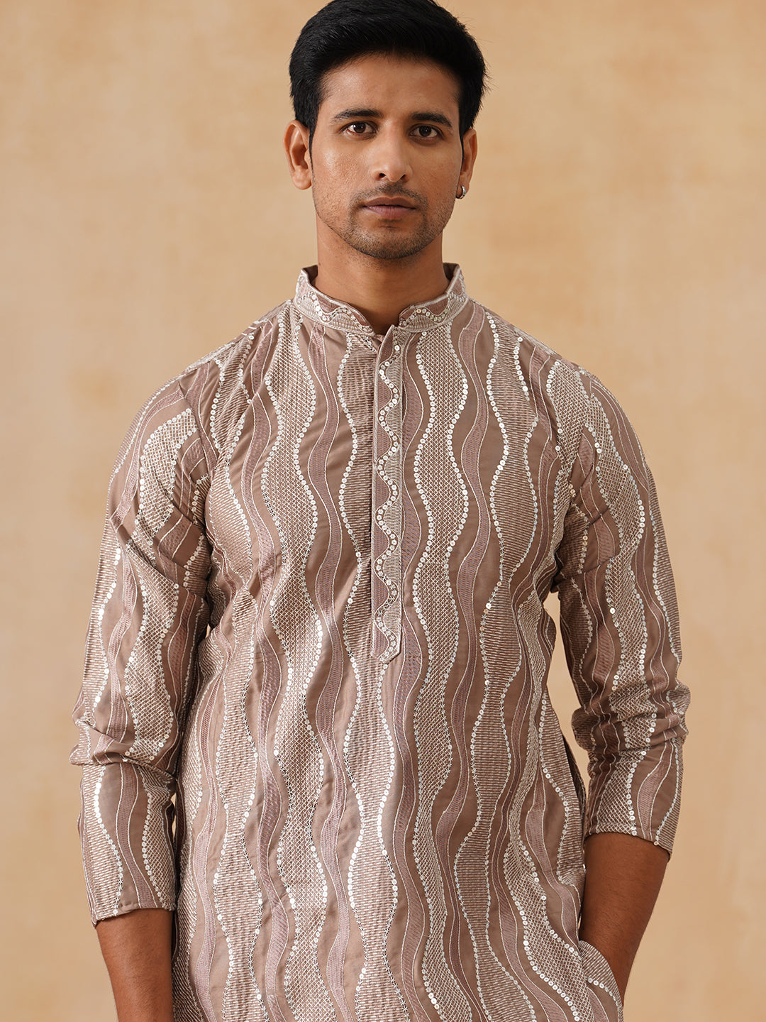 Silk Blend Kurtas with Mirror Work Embroidery ( KO 5265 Brown ) [FF] [I-1-4]