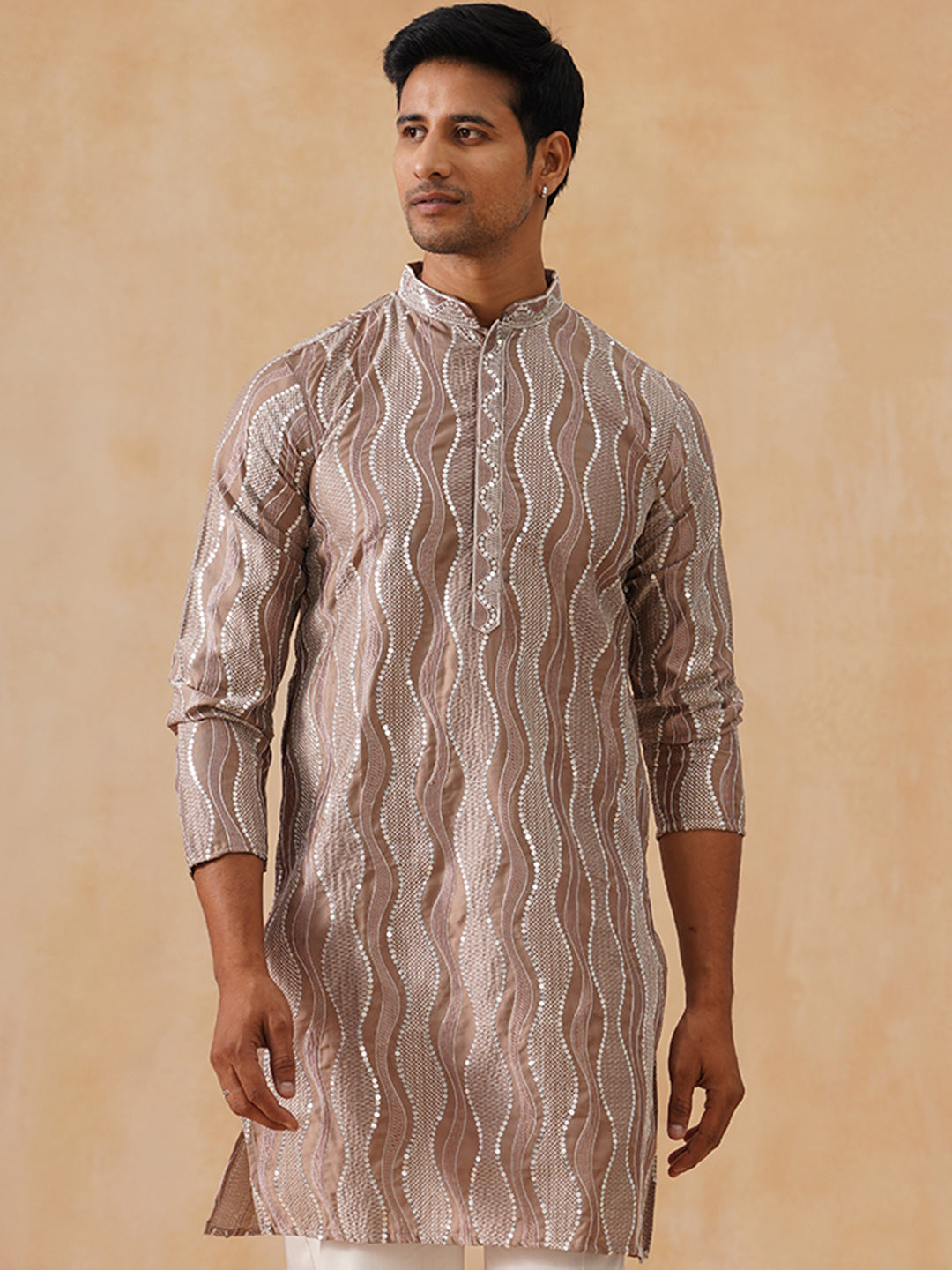 Silk Blend Kurtas with Mirror Work Embroidery ( KO 5265 Brown ) [FF] [I-1-4]