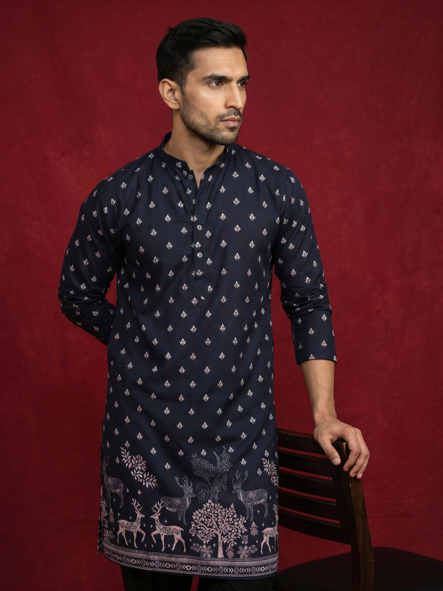 Men Cotton Blend Animal Printed Kurta