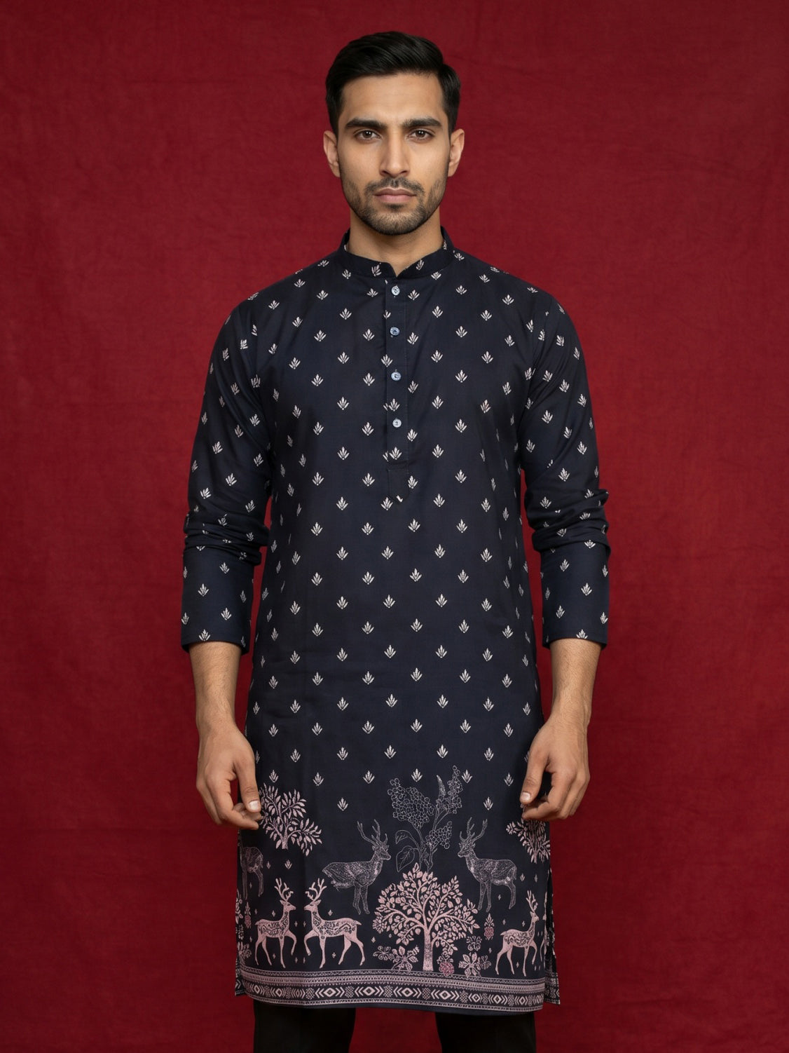 Men Cotton Blend Animal Printed Kurta