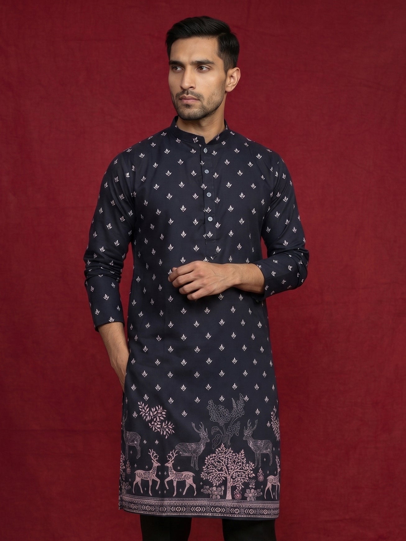 Men Cotton Blend Animal Printed Kurta