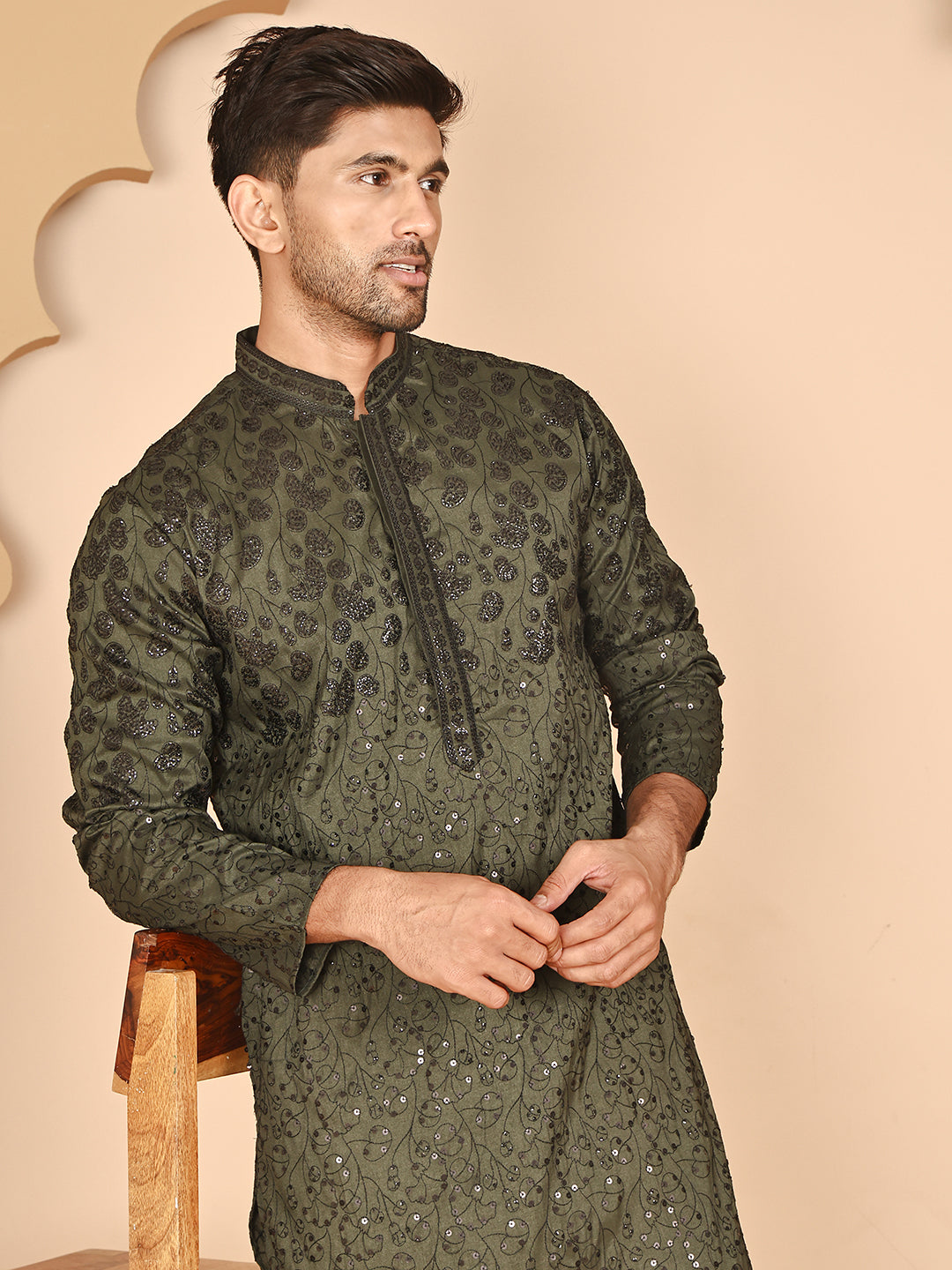 Men's Olive Embroidered Kurtas ( KO 5267 Olive ) [FF] [A-1-4]