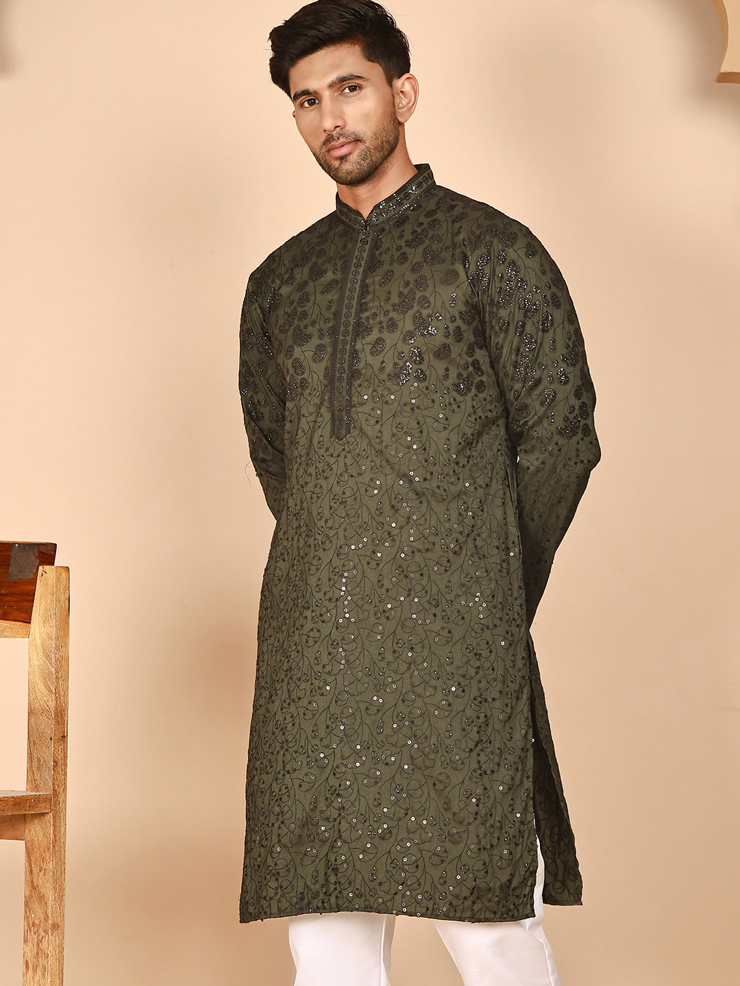 Men's Olive Embroidered Kurtas ( KO 5267 Olive ) [FF] [A-1-4]