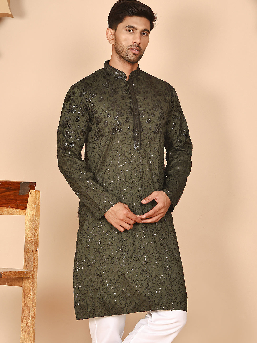Men's Olive Embroidered Kurtas ( KO 5267 Olive ) [FF] [A-1-4]