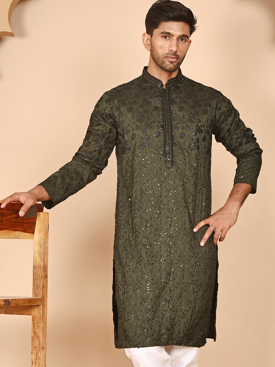 Men's Olive Embroidered Kurtas ( KO 5267 Olive ) [FF] [A-1-4]