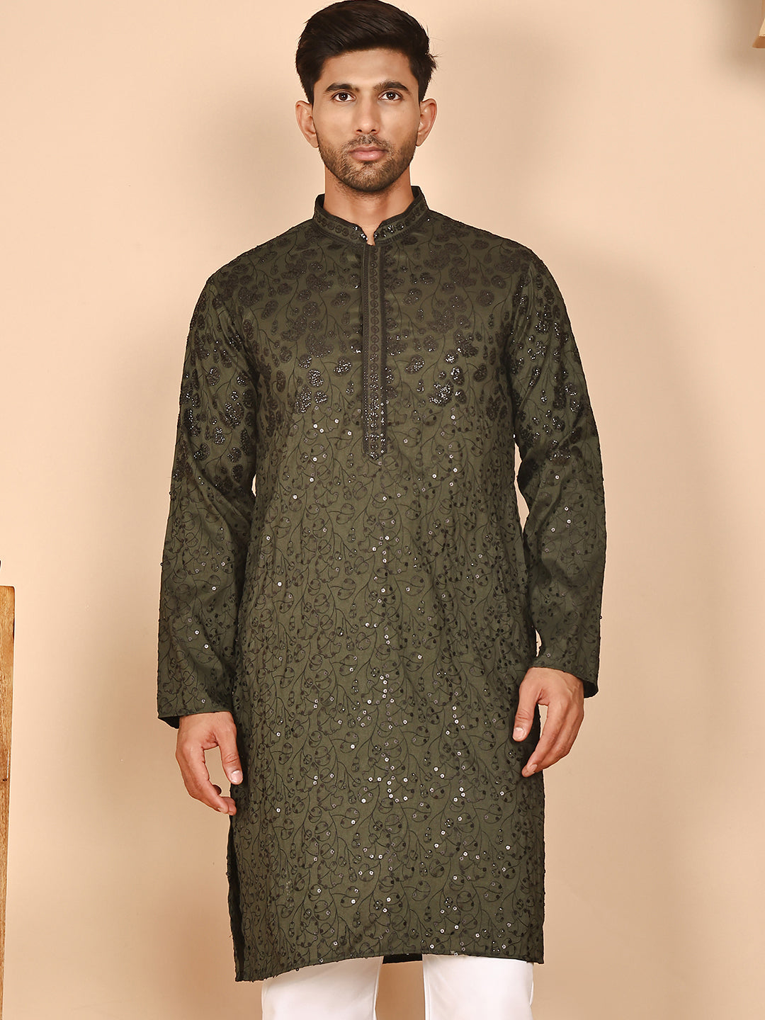 Men's Olive Embroidered Kurtas ( KO 5267 Olive ) [FF] [A-1-4]
