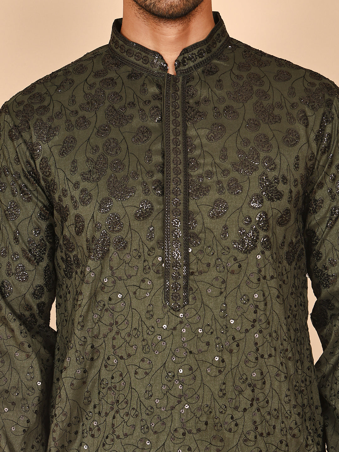 Men's Olive Embroidered Kurtas ( KO 5267 Olive ) [FF] [A-1-4]