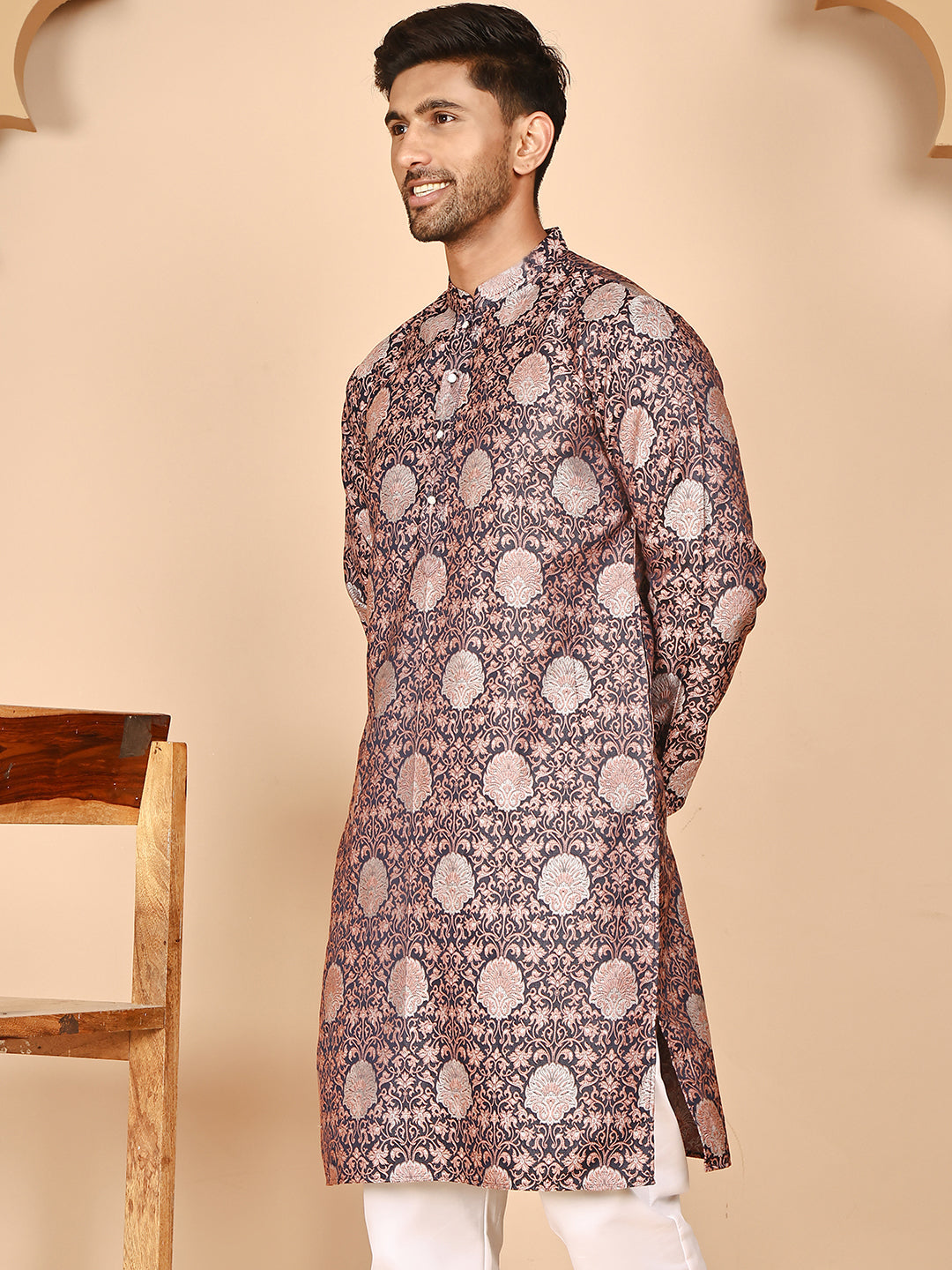 Peach Jacquard Silk Kurtas for Men ( KO 5268 Peach ) [FF] [I-1-4]