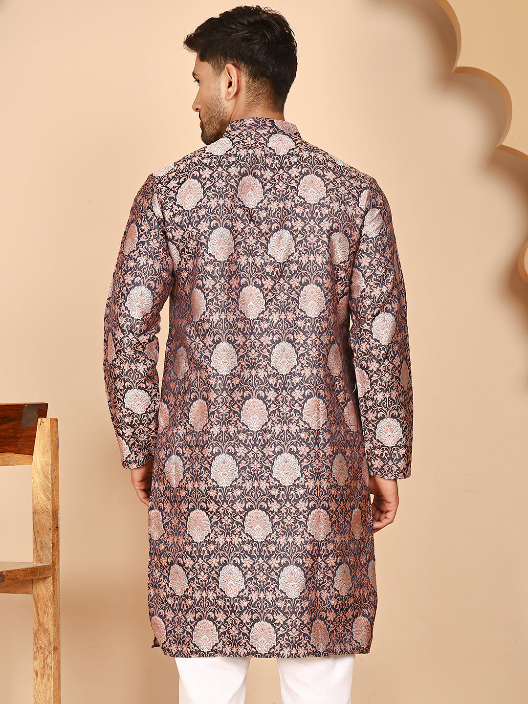 Peach Jacquard Silk Kurtas for Men ( KO 5268 Peach ) [FF] [I-1-4]