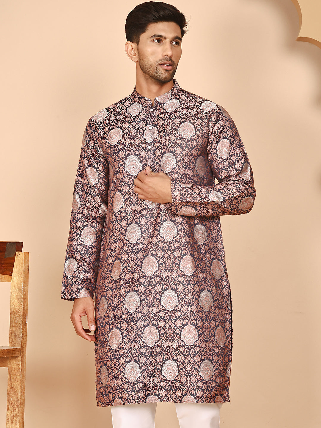 Peach Jacquard Silk Kurtas for Men ( KO 5268 Peach ) [FF] [I-1-4]