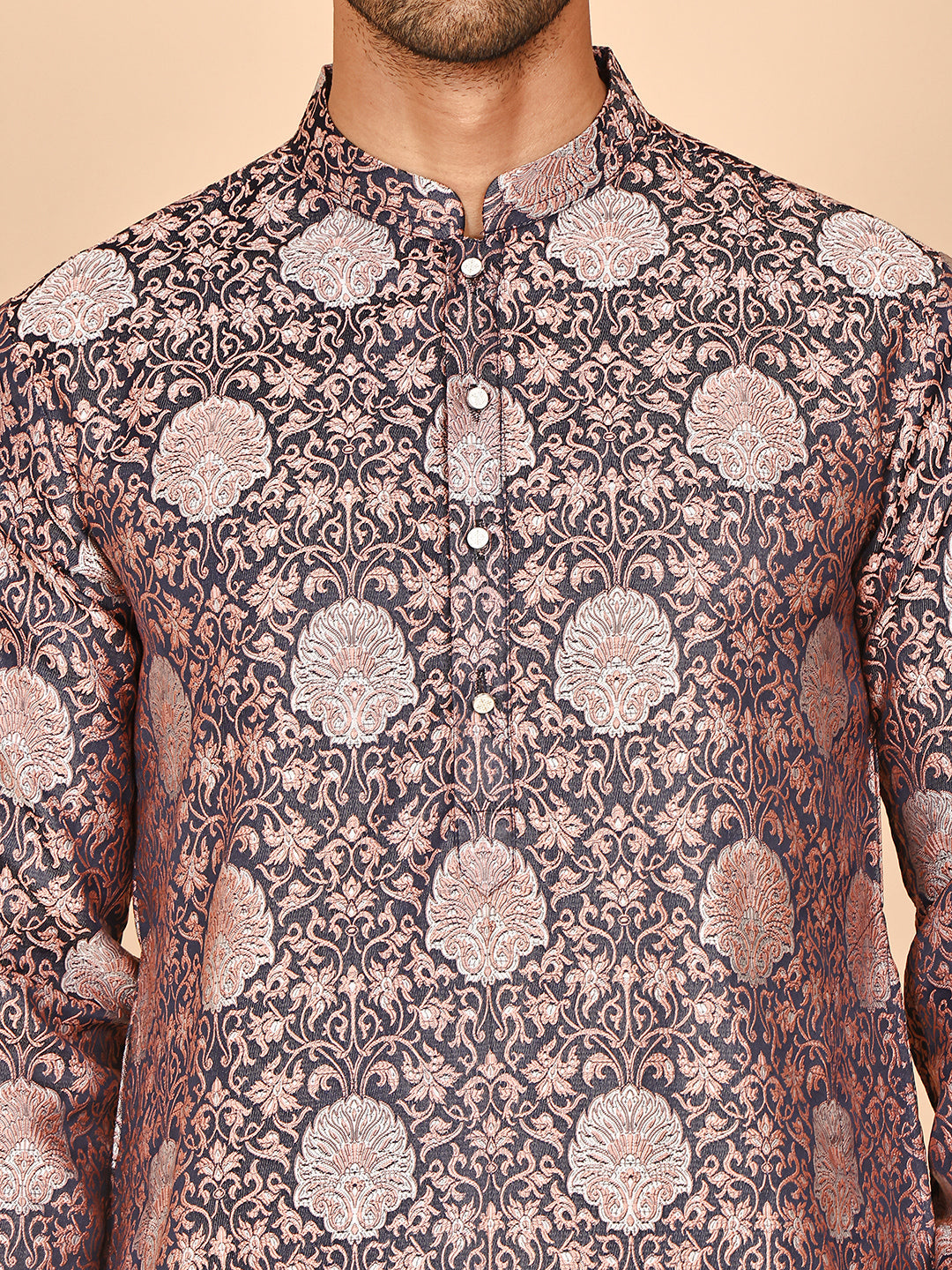 Peach Jacquard Silk Kurtas for Men ( KO 5268 Peach ) [FF] [I-1-4]
