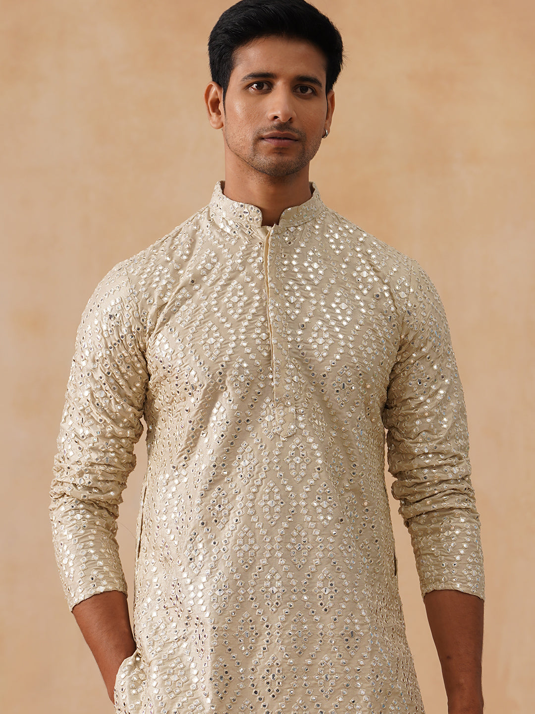 Traditional Mirror Embroidered Kurtas for Men ( KO 5269 Cream ) [FF] [I-1-4]