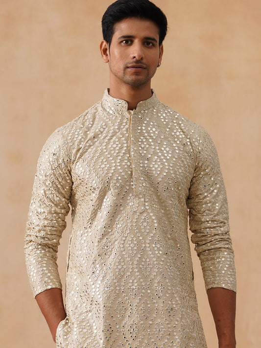 Traditional Mirror Embroidered Kurtas for Men ( KO 5269 Cream ) [FF] [I-1-4]