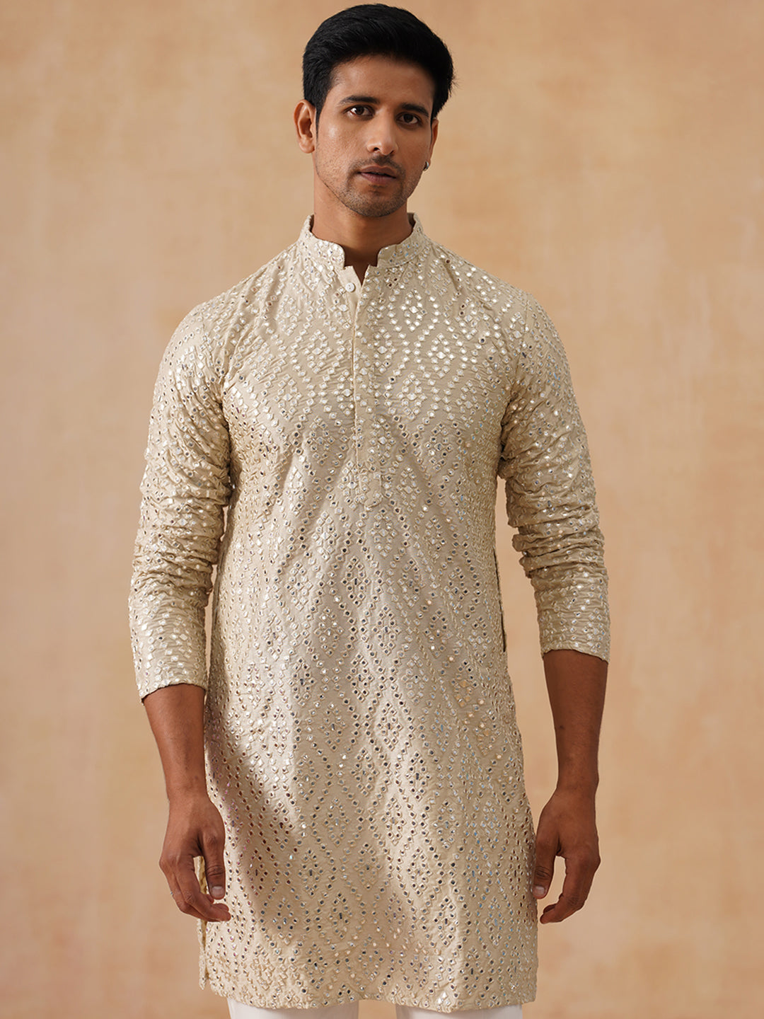 Traditional Mirror Embroidered Kurtas for Men ( KO 5269 Cream ) [FF] [I-1-4]