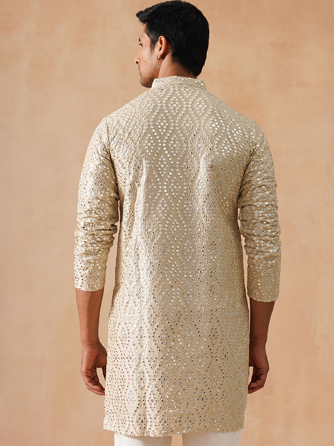 Traditional Mirror Embroidered Kurtas for Men ( KO 5269 Cream ) [FF] [I-1-4]
