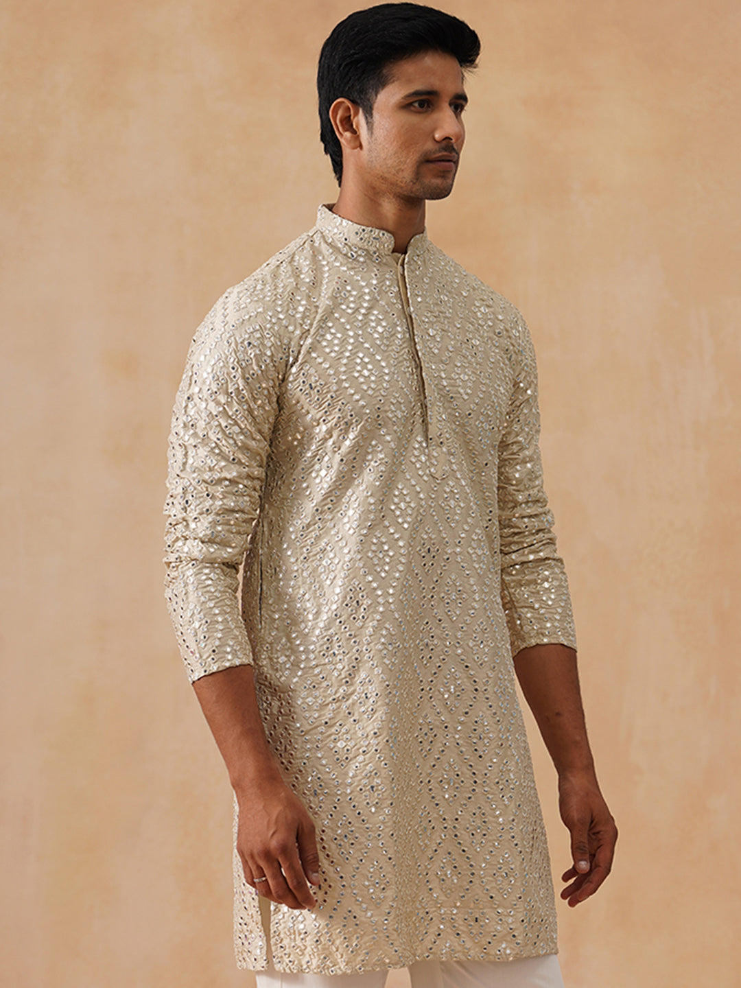 Traditional Mirror Embroidered Kurtas for Men ( KO 5269 Cream ) [FF] [I-1-4]