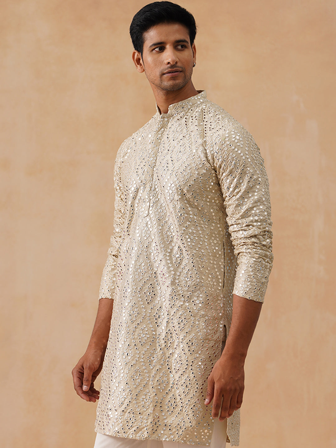 Traditional Mirror Embroidered Kurtas for Men ( KO 5269 Cream ) [FF] [I-1-4]