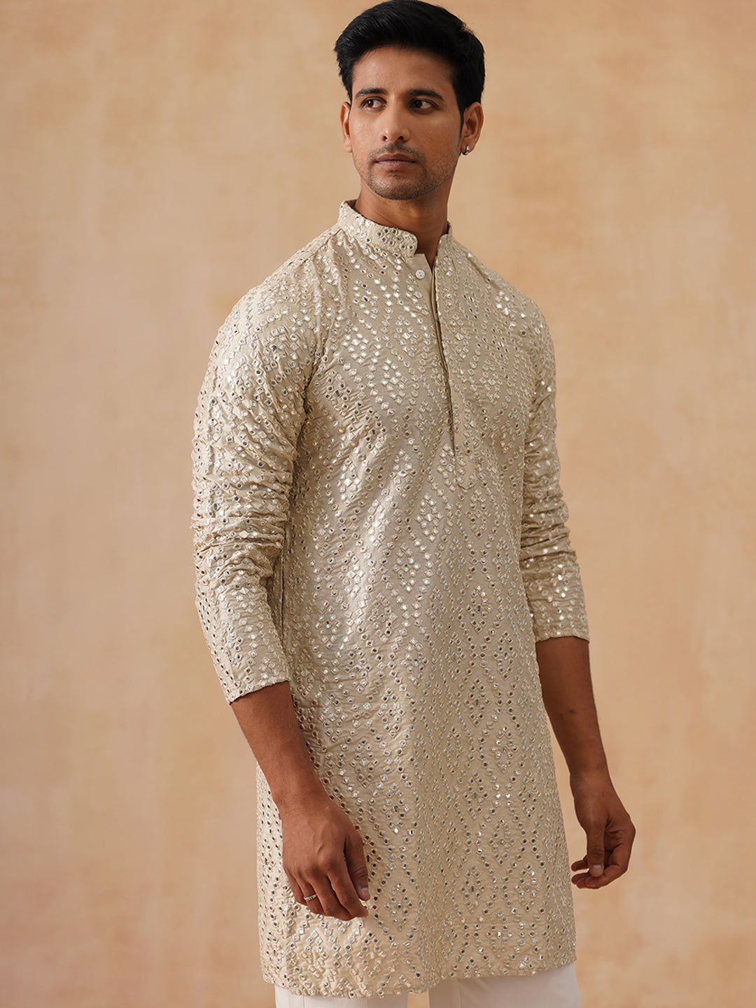 Traditional Mirror Embroidered Kurtas for Men ( KO 5269 Cream ) [FF] [I-1-4]