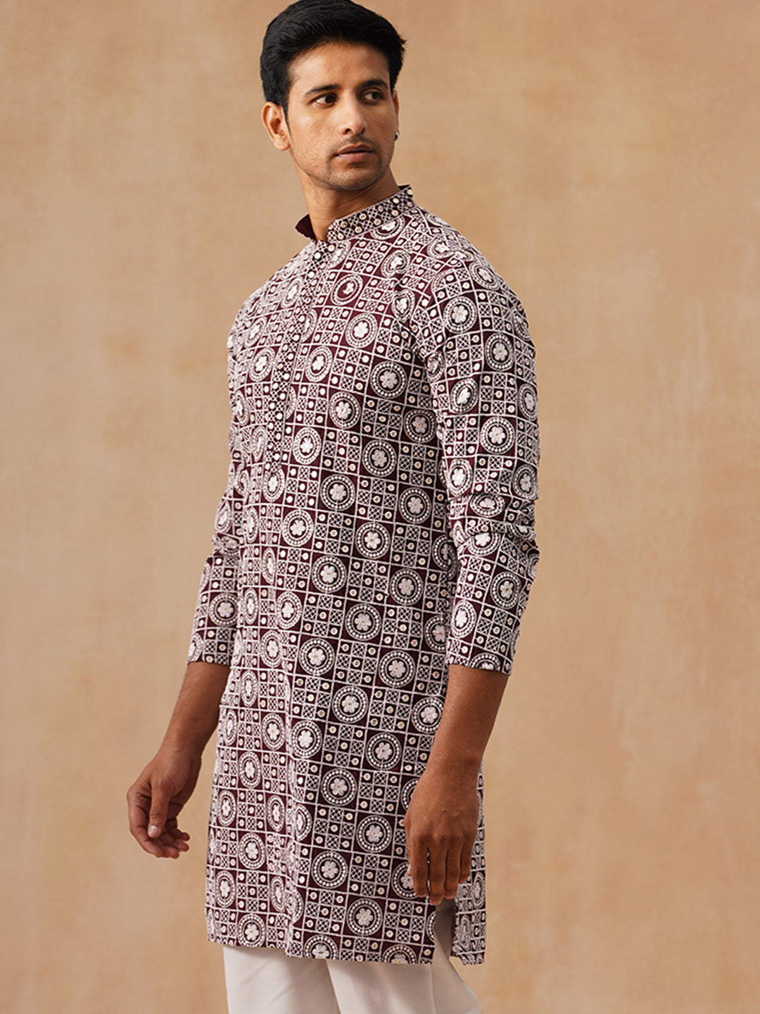 Classic Geometric Embroidered Kurtas ( KO 5279 Wine )