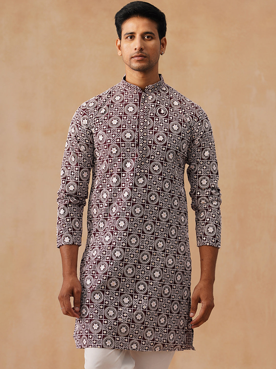 Classic Geometric Embroidered Kurtas ( KO 5279 Wine )